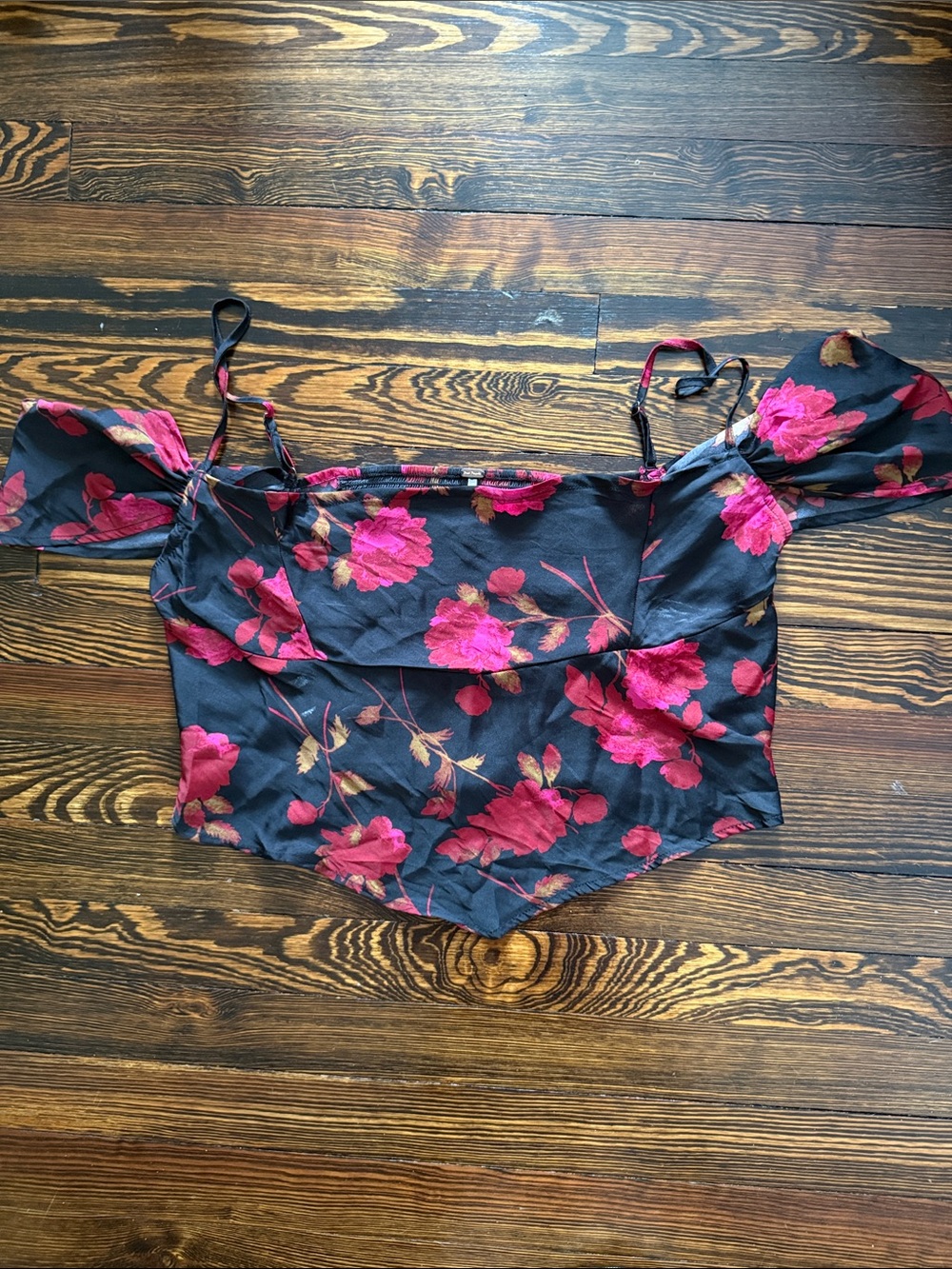Free people Floral Off-Shoulder Crop Top - Black with Pink Flowers